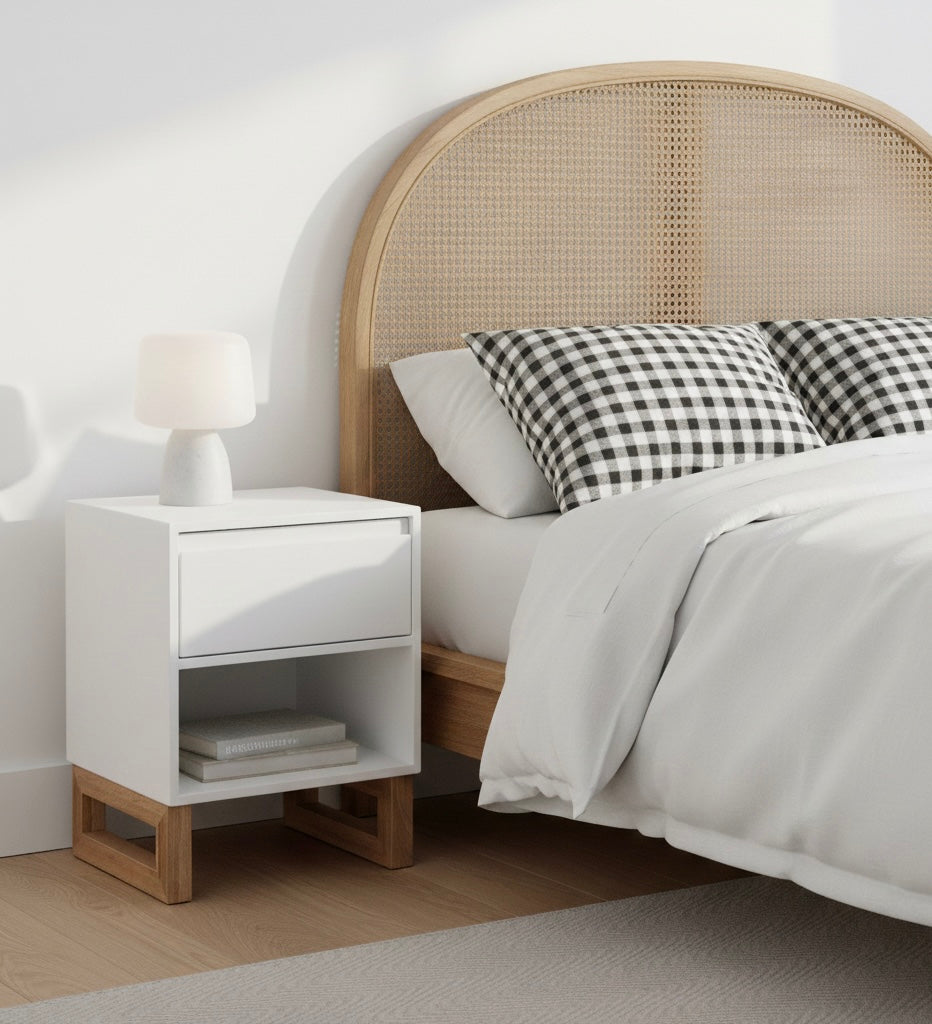 white and oak bedside table