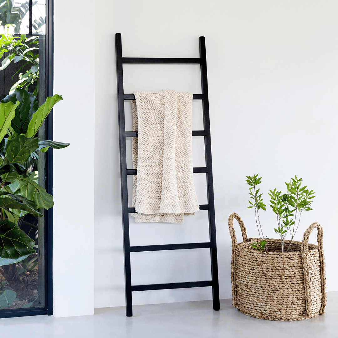 Wooden Decor Ladder. Painted Or Natural Wood, For Throws or Towels or Display. Modern Storage Furnishing, even for retail stores to display items.