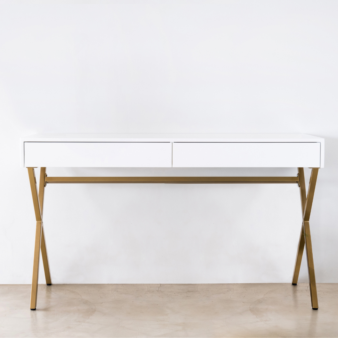 White Console with Drawers on Gold Steel Legs