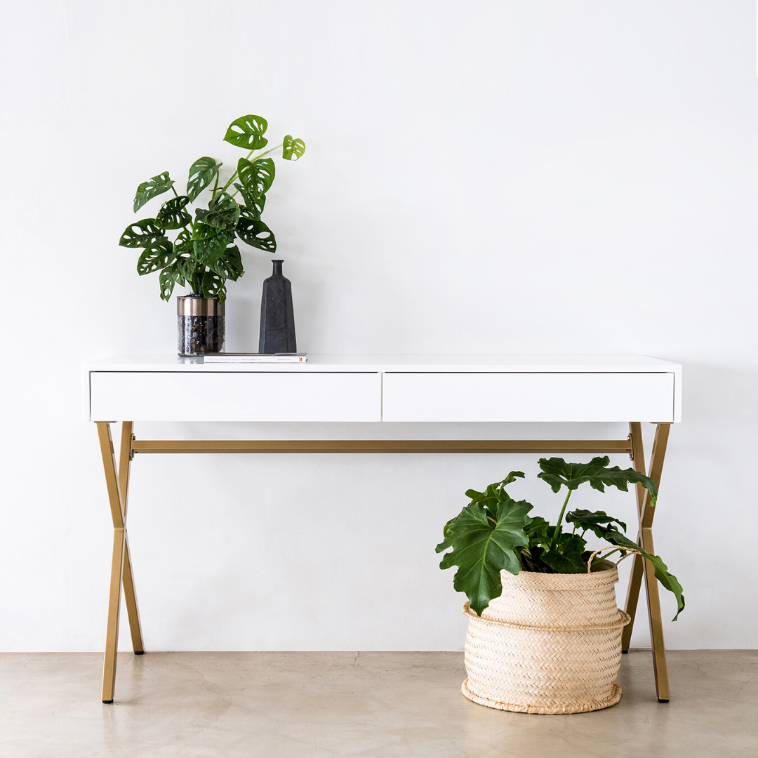 White Console Table on Gold Steel Legs