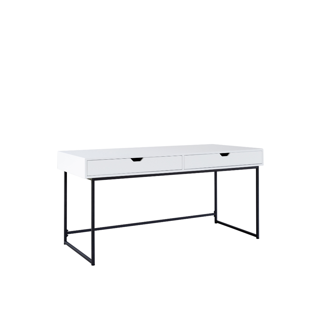 White Console Desk with Drawers On Black Steel