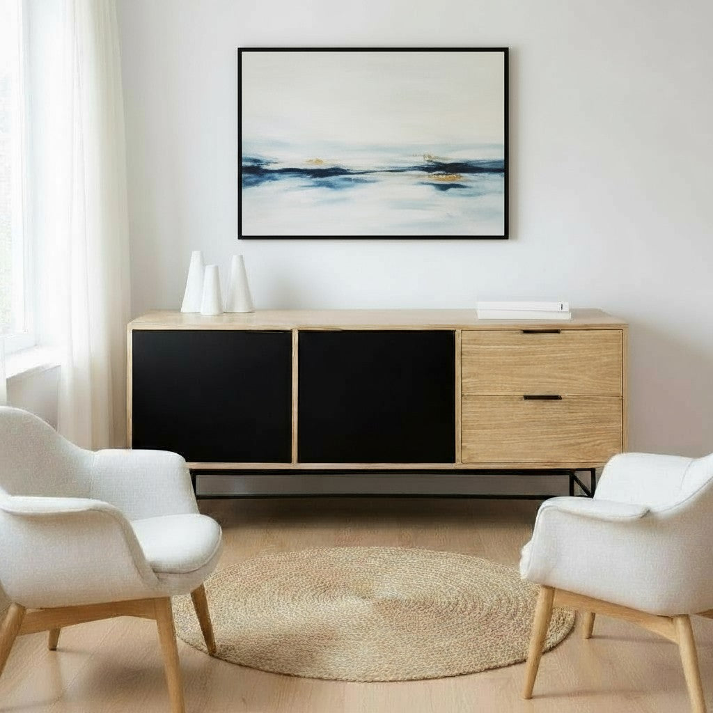 Modern, scandi style media unit, or tv unit made of wood on steel black leg. 