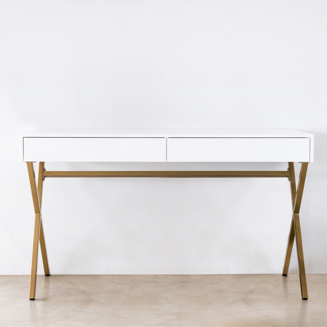 White Console  with Drawers on Gold Steel Legs