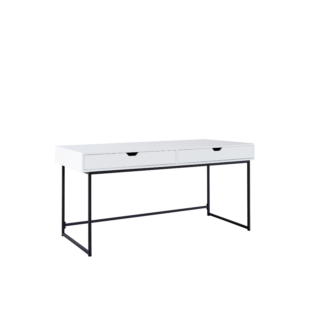 White Console Desk with Drawers On Black Steel 